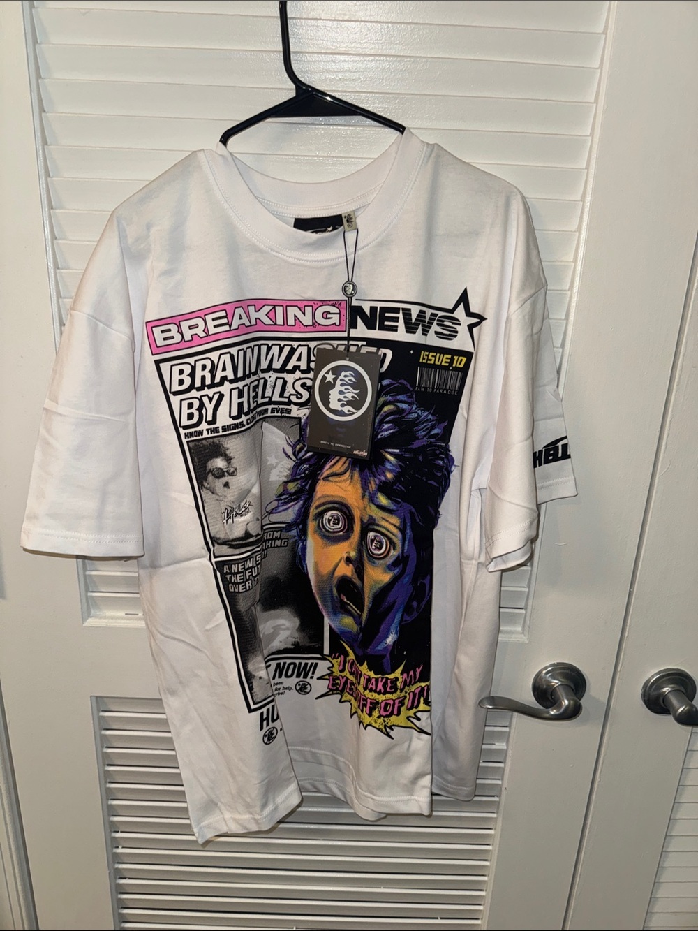 New! Hellstar “Breaking News” T-Shirt in white.